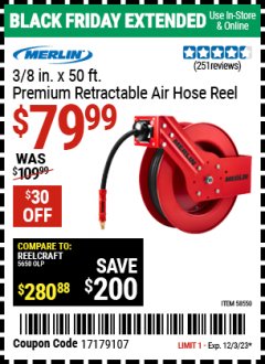 Harbor Freight Coupon MERLIN 3/8 IN. 50FT. PREMIUM RETRACTABLE AIR HOSE REEL Lot No. 58550 Expired: 12/3/23 - $79.99