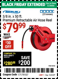 Harbor Freight Coupon MERLIN 3/8 IN. X 50 FT. PREMIUM RETRACTABLE AIR HOSE REEL Lot No. 58550 Expired: 12/3/23 - $79.99