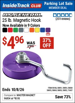 Harbor Freight ITC Coupon U.S. GENERAL 25 LB. MAGNETIC HOOK Lot No. 58830/58051/58052/58106/58054/58069/58053/58055 Expired: 10/8/26 - $4.96