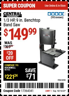 Harbor Freight Coupon CENTRAL Lot No. 60500 Expired: 10/13/22 - $149.99