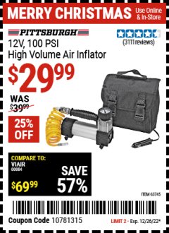 Harbor Freight Coupon PITTSBURGH 12V, 100 PSI HIGH VOLUME AIR INFLATOR Lot No. 63745 Expired: 12/26/22 - $29.99