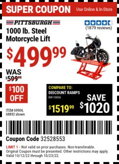 Harbor Freight Coupon PITTSBURGH Lot No. 63609 Expired: 10/23/22 - $499.99
