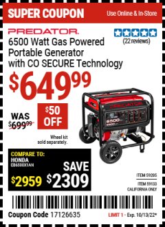 Harbor Freight Coupon PREDATOR Lot No. 59205/59133 Expired: 10/13/22 - $649.99