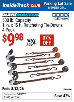 Harbor Freight Coupon HAUL-MASTER 500 LB. CAPACITY, 1 IN. X 15 FT. RATCHETING TIE-DOWNS, 4-PACK Lot No. 63996 Valid: 12/31/69 - 8/13/26 - $9.98