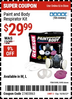 Harbor Freight Coupon GERSON PAINT AND BODY RESPIRATOR KIT Lot No. 56983/56985 Expired: 10/30/22 - $29.99
