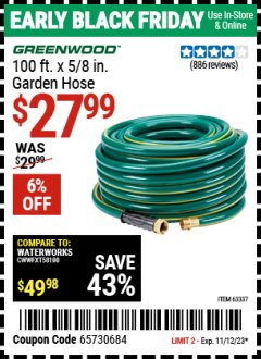 Harbor Freight Coupon GREENWOOD 100 FT. X 5/8 IN. GARDEN HOSE Lot No. 63337 Expired: 11/12/23 - $27.99