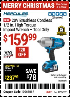 Harbor Freight Coupon 20V BRUSHLESS CORDLESS 1/2 IN. HIGH TORQUE IMPACT WRENCH TOOL ONLY Lot No. 59398 Expired: 12/26/22 - $159.99