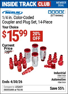 Harbor Freight ITC Coupon MERLIN 1/4 IN. COLOR-CODED COUPLER AND PLUG SET, 14-PIECE Lot No. 57628/57629 Valid Thru: 4/30/26 - $15.99