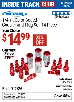 Harbor Freight Coupon MERLIN 1/4 IN. COLOR-CODED COUPLER AND PLUG SET, 14-PIECE Lot No. 57628/57629 Valid: 12/31/69 - 7/2/26 - $14.99