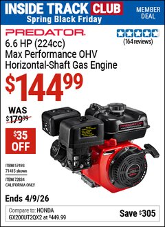 Harbor Freight ITC Coupon PREDATOR 6.6 HP (224CC) MAX PERFORMANCE OHV HORIZONTAL-SHAFT GAS ENGINE Lot No. 71415/57493/72834 Expired: 4/9/26 - $144.99