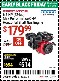 Harbor Freight Coupon PREDATOR 6.6 HP (224CC) MAX PERFORMANCE OHV HORIZONTAL SHAFT GAS ENGINE, CARB Lot No. 57493 Expired: 11/23/22 - $179.99