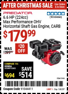 Harbor Freight Coupon PREDATOR 6.6 HP (224CC) MAX PERFORMANCE OHV HORIZONTAL SHAFT GAS ENGINE, CARB Lot No. 57493 Expired: 1/8/23 - $179.99