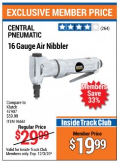 Harbor Freight ITC Coupon 16 GAUGE AIR NIBBLER Lot No. 46061/96661 Expired: 12/3/20 - $19.99