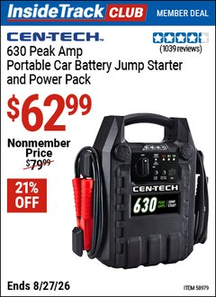 Harbor Freight ITC Coupon CEN-TECH 630 PEAK AMP PORTABLE CAR BATTERY JUMP STARTER AND POWER PACK Lot No. 58979 Valid Thru: 8/27/26 - $62.99