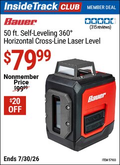 Harbor Freight ITC Coupon BAUER 50 FT. SELF-LEVELING 360&deg; HORIZONTAL CROSS-LINE LASER LEVEL Lot No. 57933 Valid Thru: 7/30/26 - $79.99