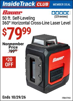 Harbor Freight ITC Coupon BAUER 50 FT. SELF-LEVELING 360&deg; HORIZONTAL CROSS-LINE LASER LEVEL Lot No. 57933 Valid Thru: 10/29/26 - $79.99