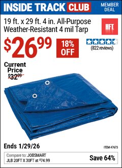 Harbor Freight ITC Coupon HFT 19 FT. X 29 FT. 4 IN. BLUE ALL-PURPOSE WEATHER-RESISTANT 4 MIL TARP Lot No. 47673 Valid Thru: 1/29/26 - $26.99