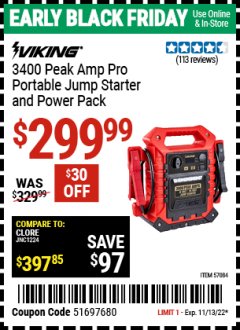 Harbor Freight Coupon VIKING 3400 PEAK AMP PRO PORTABLE CAR BATTERY JUMP STARTER AND POWER PACK Lot No. 57084 Expired: 11/13/22 - $299.99
