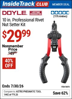Harbor Freight ITC Coupon DOYLE 10 IN. PROFESSIONAL RIVET NUT SETTER KIT Lot No. 58078 Valid Thru: 7/30/26 - $29.99