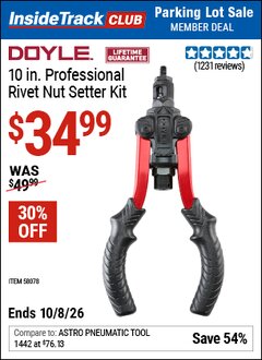 Harbor Freight ITC Coupon DOYLE 10 IN. PROFESSIONAL RIVET NUT SETTER KIT Lot No. 58078 Expired: 10/8/26 - $34.99