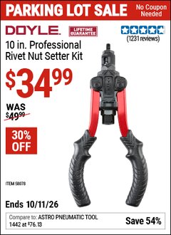 Harbor Freight Coupon DOYLE 10 IN. PROFESSIONAL RIVET NUT SETTER KIT Lot No. 58078 Expired: 10/11/26 - $34.99