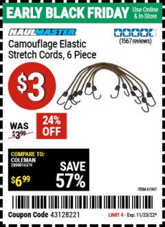 Harbor Freight Coupon CAMOUFLAGE ELASTIC STRETCH CORDS, 6 PIECE Lot No. 61947 Expired: 11/23/22 - $3