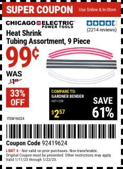 Harbor Freight Coupon HEAT SHRINK TUBING ASSORTMENT, 9 PIECE Lot No. 96024 Expired: 1/22/23 - $0.99