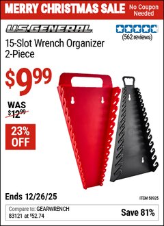 Harbor Freight Coupon U.S. GENERAL 15-SLOT WRENCH ORGANIZER, 2-PIECE Lot No. 58925 EXPIRES: 12/26/25 - $9.99