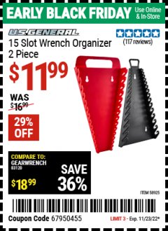 Harbor Freight Coupon U.S. GENERAL 15 SLOT WRENCH ORGANIZER, 2 PIECE Lot No. 58925 Expired: 11/23/22 - $11.99