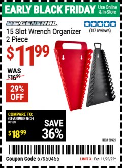Harbor Freight Coupon U.S. GENERAL 15-SLOT WRENCH ORGANIZER, 2-PIECE Lot No. 58925 Expired: 11/23/22 - $11.99
