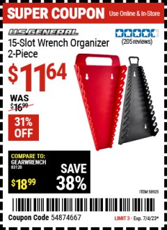 Harbor Freight Coupon U.S. GENERAL 15-SLOT WRENCH ORGANIZER, 2-PIECE Lot No. 58925 Expired: 7/4/23 - $11.64