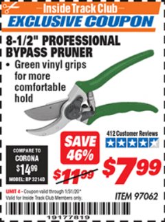 Harbor Freight ITC Coupon 8-1/2" PROFESSIONAL BYPASS PRUNER Lot No. 97062 Expired: 1/31/20 - $7.99
