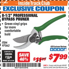 Harbor Freight ITC Coupon 8-1/2" PROFESSIONAL BYPASS PRUNER Lot No. 97062 Expired: 4/30/20 - $7.99