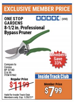 Harbor Freight ITC Coupon 8-1/2" PROFESSIONAL BYPASS PRUNER Lot No. 97062 Expired: 1/28/21 - $7.99