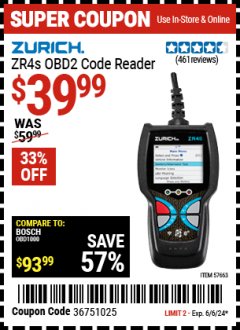 Harbor Freight Coupon ZURICH ZR4S OBD2 CODE READER Lot No. 57663 Expired: 6/6/24 - $39.99