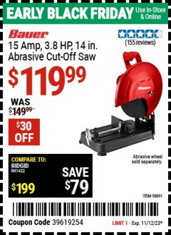 Harbor Freight Coupon BAUER 15 AMP, 3.8 HP, 14 IN. ABRASIVE CUT-OFF SAW Lot No. 58091 Expired: 11/12/23 - $119.99