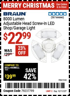 Harbor Freight Coupon BRAUN 8000 LUMEN ADJUSTABLE HEAD SCREW-IN LED SHOP/GARAGE LIGHT Lot No. 57640 Expired: 12/11/22 - $22.99