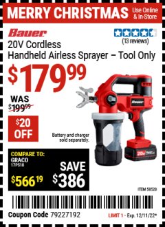 Harbor Freight Coupon BAUER 20V CORDLESS HANDHELD AIRLESS SPRAYER - TOOL ONLY Lot No. 58520 Expired: 12/11/21 - $179.99
