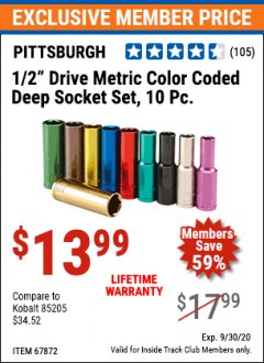 Harbor Freight ITC Coupon 10 PIECE 1/2" DRIVE COLOR CODED DEEP WALL SOCKET SET Lot No. 67879/61294/67872/61288 Expired: 9/30/20 - $13.99