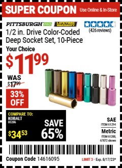 Harbor Freight Coupon 10 PIECE 1/2" DRIVE COLOR CODED DEEP WALL SOCKET SET Lot No. 67879/61294/67872/61288 Expired: 8/17/23 - $11.99
