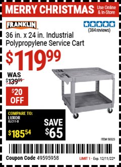 Harbor Freight Coupon FRANKLIN 36 IN. X 24 IN., 2-SHELF UTILITY CART Lot No. 58323 Expired: 12/11/22 - $119.99