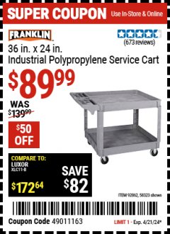 Harbor Freight Coupon FRANKLIN 36 IN. X 24 IN., 2-SHELF UTILITY CART Lot No. 58323 Expired: 4/21/24 - $89.99