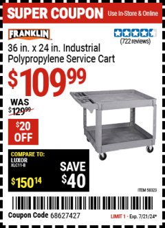 Harbor Freight Coupon FRANKLIN 36 IN. X 24 IN., 2-SHELF UTILITY CART Lot No. 58323 Expired: 7/21/24 - $109.99