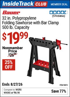 Harbor Freight Coupon BAUER 32 IN. POLYPROPYLENE FOLDING SAWHORSE WITH BAR CLAMP, 500 LB. CAPACITY Lot No. 58874 Valid: 12/31/69 - 8/27/26 - $19.99