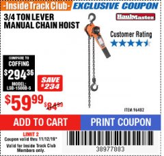 Harbor Freight ITC Coupon 3/4 TON LEVER CHAIN HOIST Lot No. 64557 Expired: 11/12/19 - $59.99