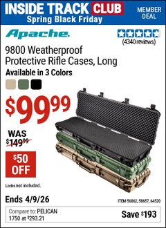 Harbor Freight ITC Coupon APACHE 9800 WEATHERPROOF PROTECTIVE RIFLE CASE, LONG Lot No. 56862/64520/58657 Expired: 4/9/26 - $99.99