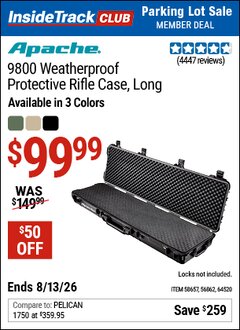 Harbor Freight Coupon APACHE 9800 WEATHERPROOF PROTECTIVE RIFLE CASE, LONG Lot No. 56862/64520/58657 Valid: 12/31/69 - 8/13/26 - $99.99