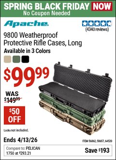 Harbor Freight Coupon APACHE 9800 WEATHERPROOF PROTECTIVE RIFLE CASE, LONG Lot No. 56862/64520/58657 Expired: 4/12/26 - $99.99