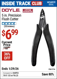 Harbor Freight ITC Coupon DOYLE 5 IN. PRECISION FLUSH CUTTER Lot No. 57794 Valid Thru: 1/29/26 - $6.99