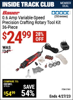 Harbor Freight ITC Coupon BAUER 0.6 AMP VARIABLE SPEED PRECISION CRAFTING ROTARY TOOL KIT, 36-PIECE Lot No. 57001 Expired: 4/27/23 - $24.99